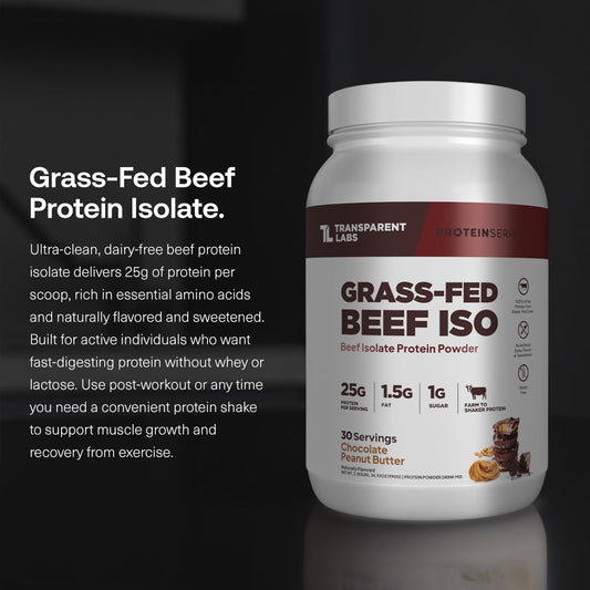 Transparent Labs beef isolate protein scoop close-up highlighting 25g protein per serving for muscles