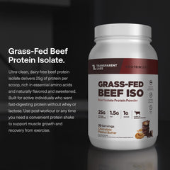 Transparent Labs beef isolate protein scoop close-up highlighting 25g protein per serving for muscles