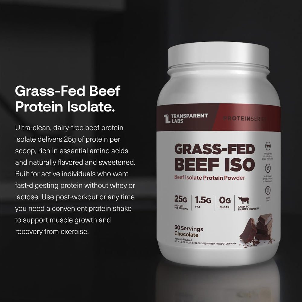 Transparent Labs Beef Isolate scoop close-up shows 25g protein per serving