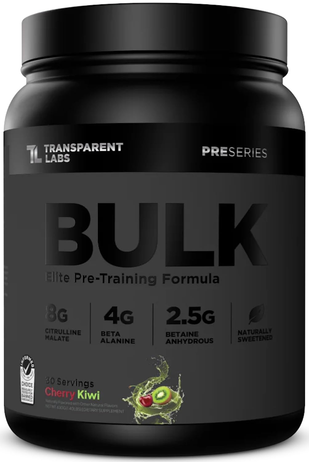 Transparent Labs Bulk Black preworkout tub with clear dosing label for precise servings