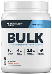 Transparent Labs Bulk Pre-Workout powder bottle highlights clean, sustained energy.