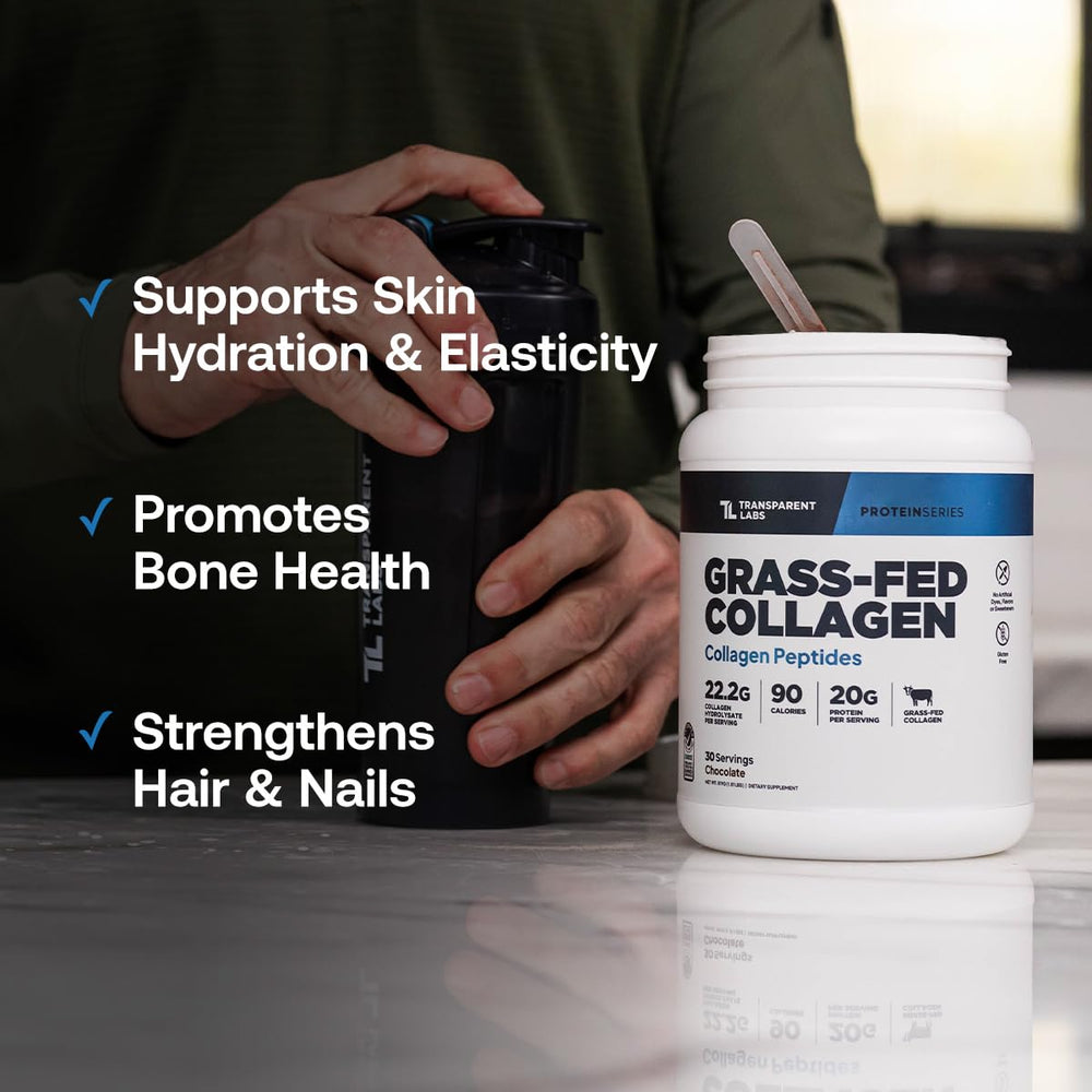 Transparent Labs collagen peptides powder chocolate dissolves easily in water or milk.
