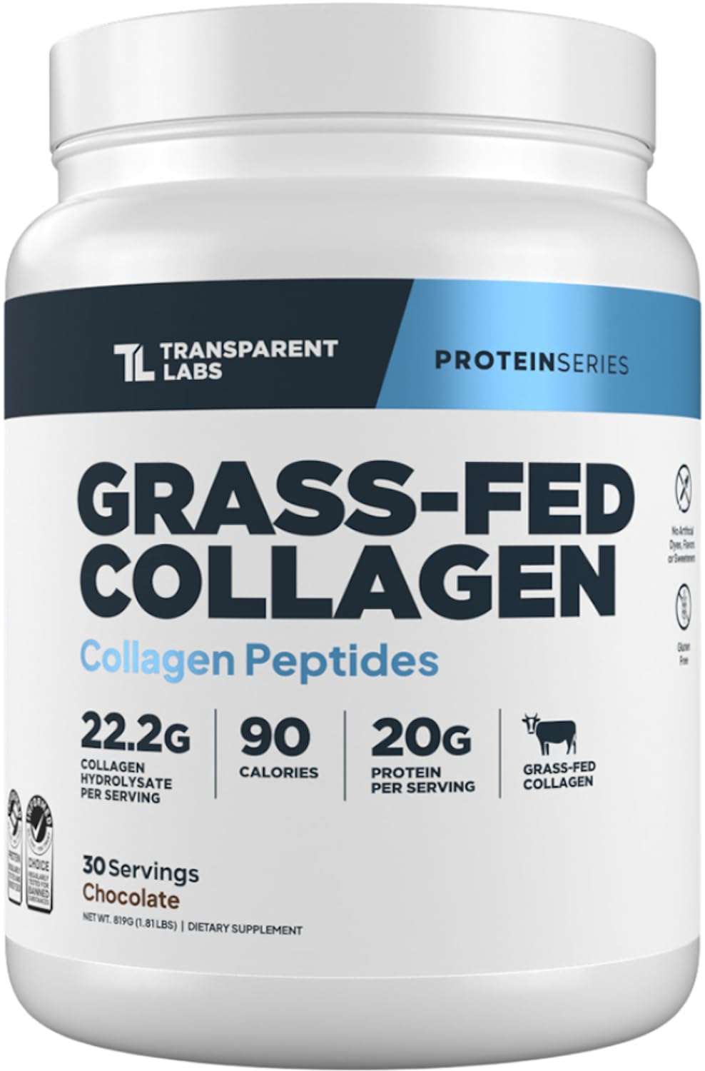 Transparent Labs collagen peptides powder chocolate tub shows premium grass-fed formula for daily wellness.