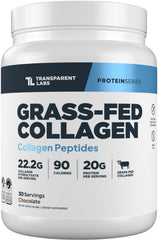 Transparent Labs collagen peptides powder chocolate tub shows premium grass-fed formula for daily wellness.