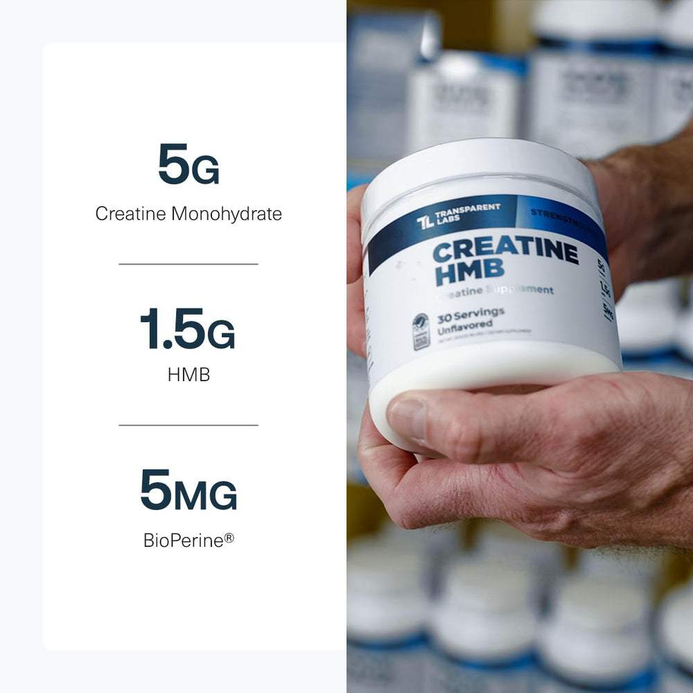 Transparent Labs Creatine HMB bottle beside measuring cup for easy dosing.