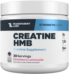 Transparent Labs Creatine HMB bottle with strawberry lemonade label supports lean muscle.