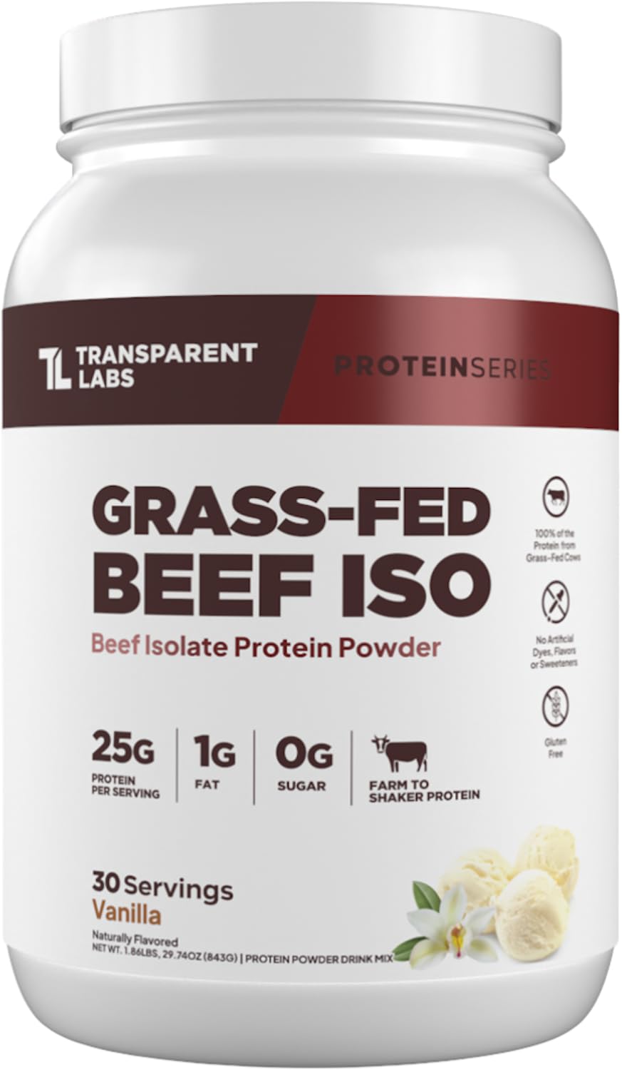 Transparent Labs Grass-Fed Beef Isolate Vanilla scoop — high-protein post-workout option