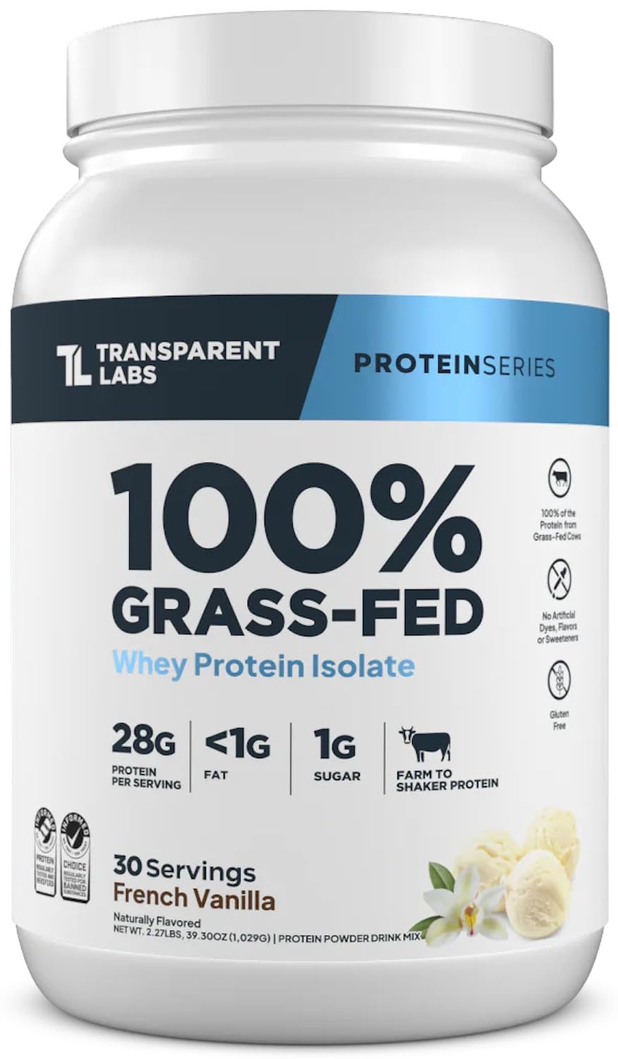 Transparent Labs Grass-Fed Whey Protein Isolate bottle front with clean label for clean nutrition.