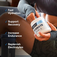 Transparent Labs Hydrate bottle with label showcasing clean, natural ingredients