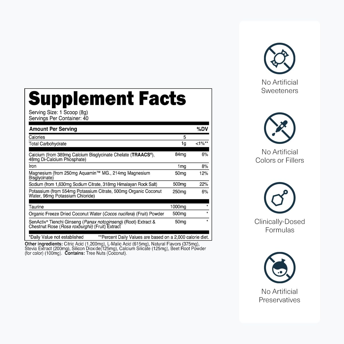 Transparent Labs Hydrate coconut water ingredients panel highlighting natural hydration support
