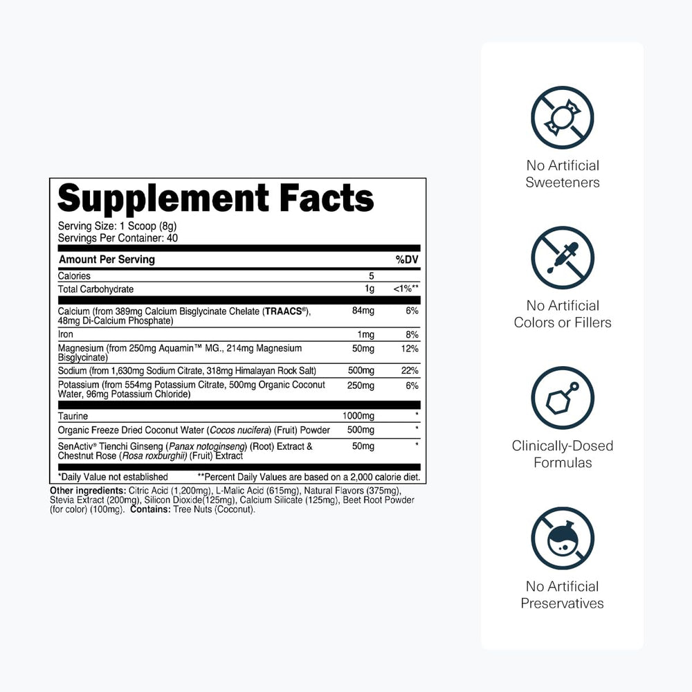 Transparent Labs Hydrate coconut water ingredients panel highlighting natural hydration support
