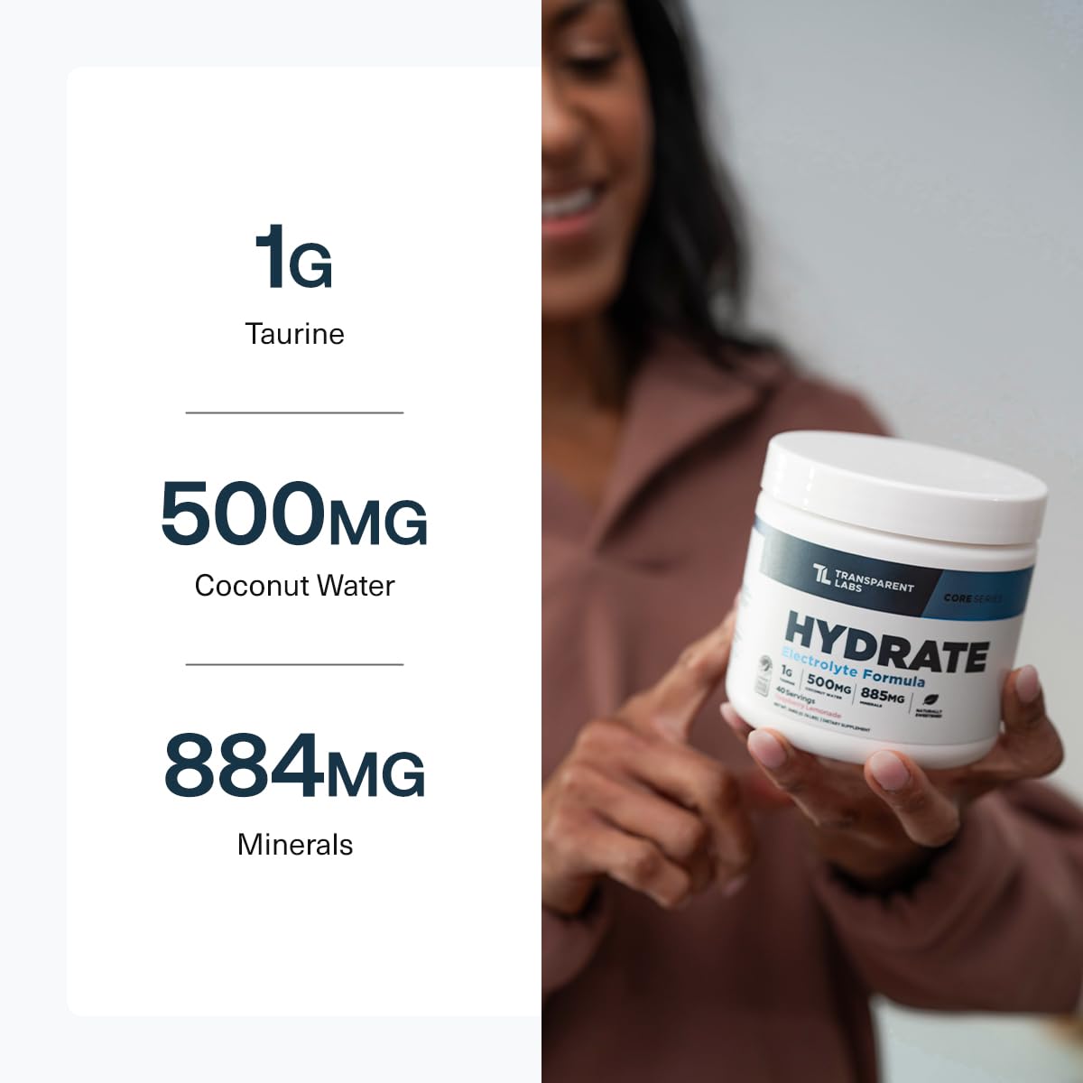 Transparent Labs Hydrate coconut water powder emphasizes minerals for balanced hydration.