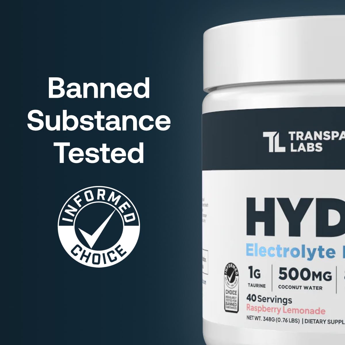 Transparent Labs Hydrate powder scoop beside a glass demonstrates peach mango flavor for on-the-go hydration.
