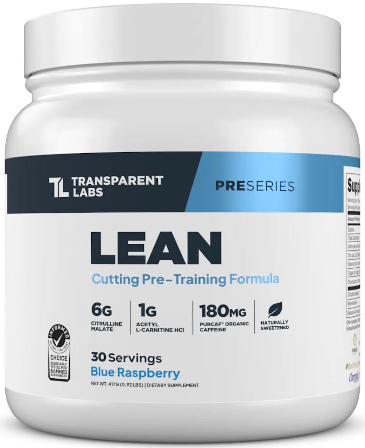 Transparent Labs Lean Pre-Workout bottle shown for easy pre-workout energy during workouts.