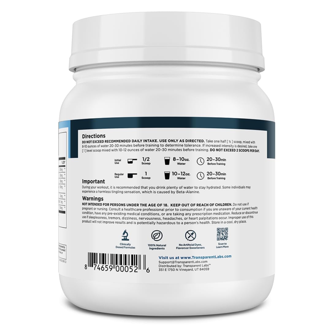 Transparent Labs Lean Pre-Workout tub and scoop image shows convenient servings.