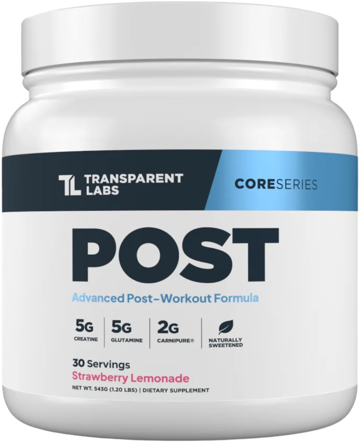 Transparent Labs Post bottle front showcasing strawberry lemonade flavor for post-workout recovery.