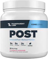 Transparent Labs Post bottle front showcasing strawberry lemonade flavor for post-workout recovery.