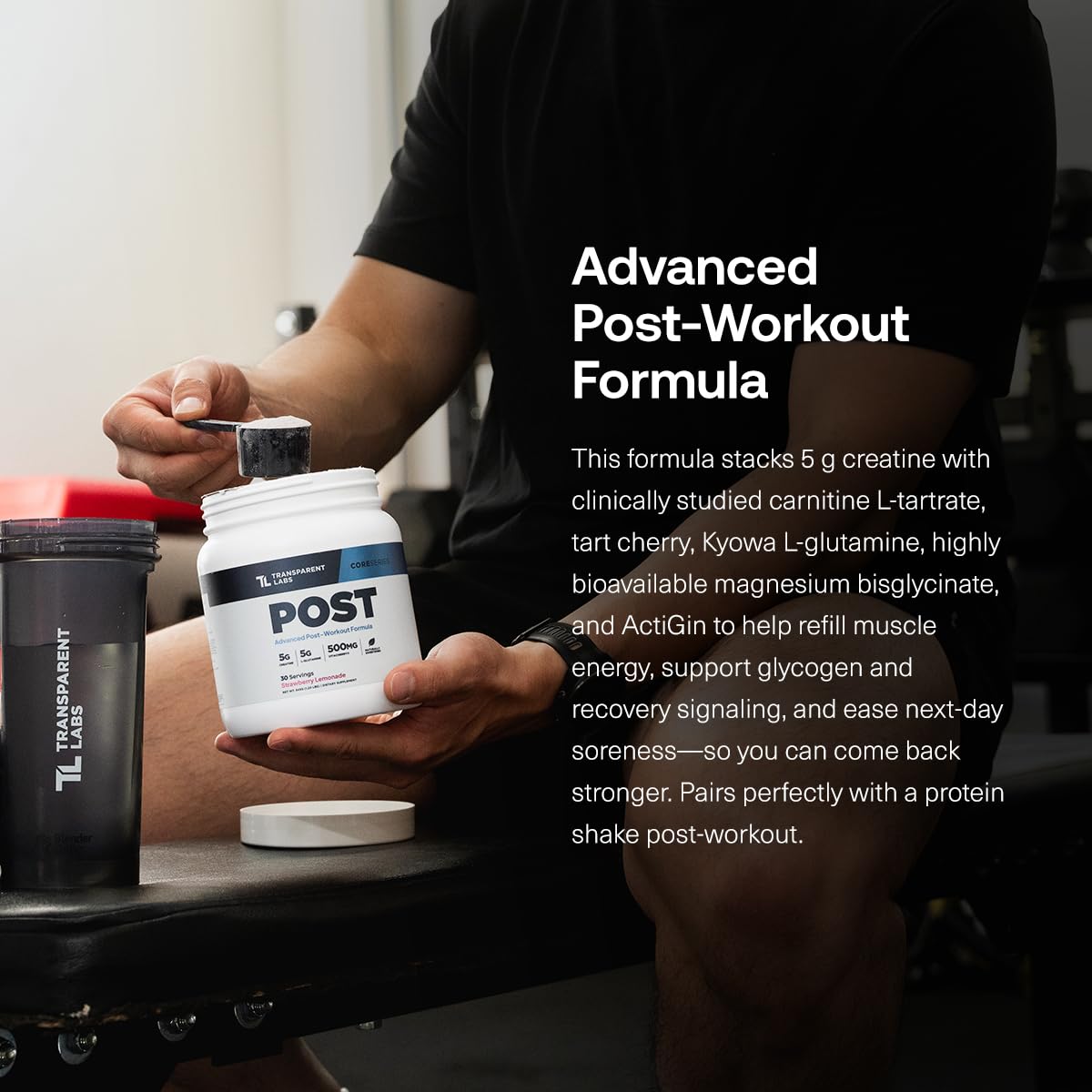 Transparent Labs Post glutamine scoop highlights recovery support after training.