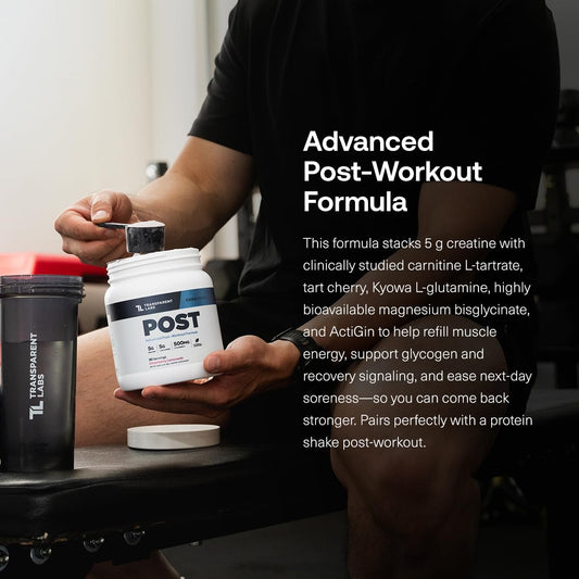 Transparent Labs Post glutamine scoop highlights recovery support after training.