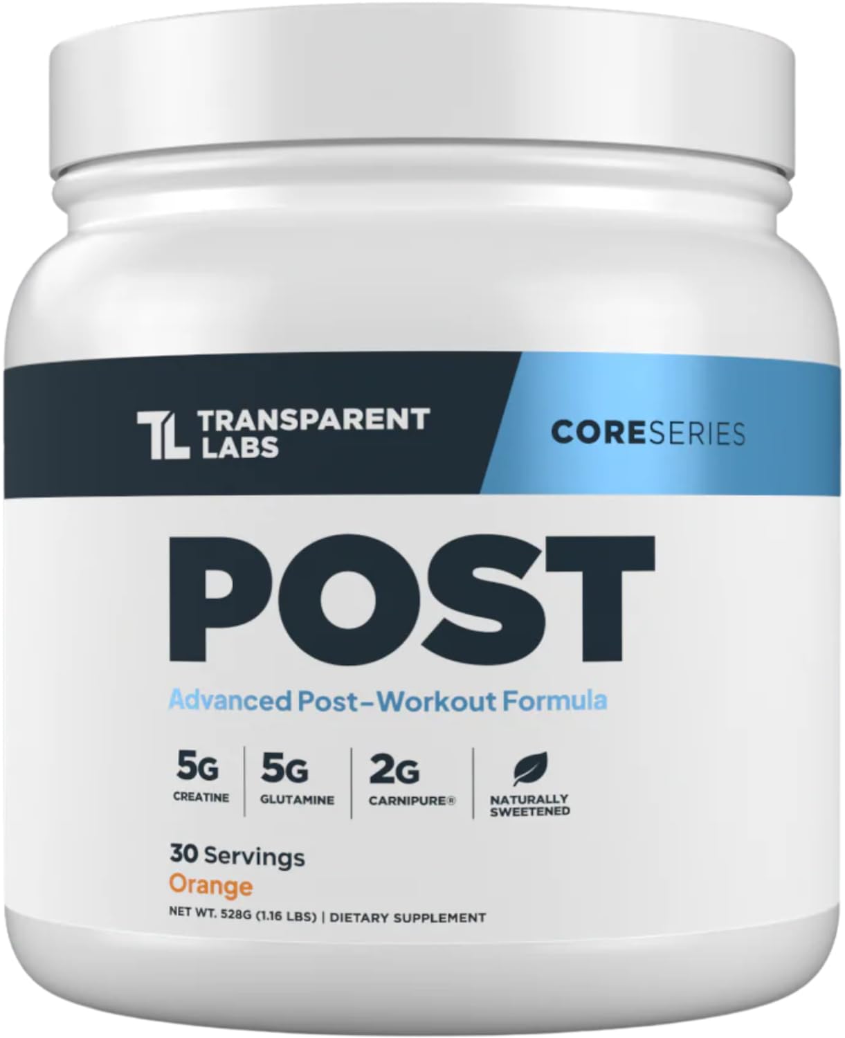Transparent Labs Post orange tub front promotes post-workout recovery options.