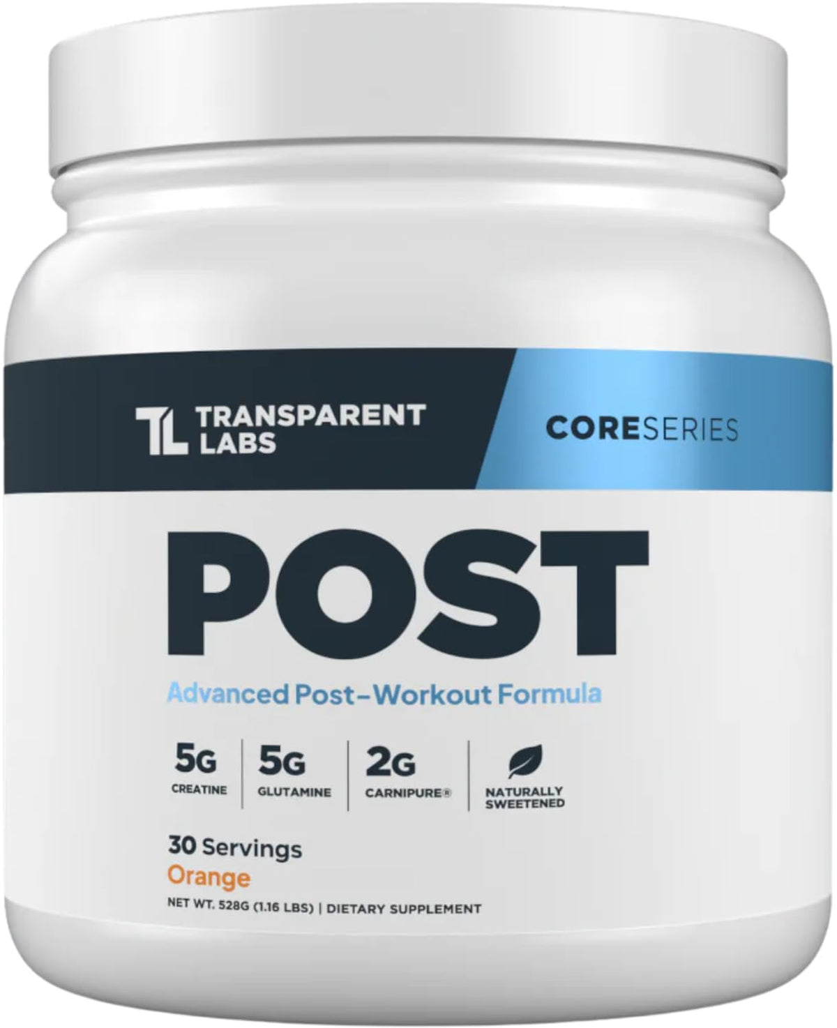 Transparent Labs Post orange tub front promotes post-workout recovery options.