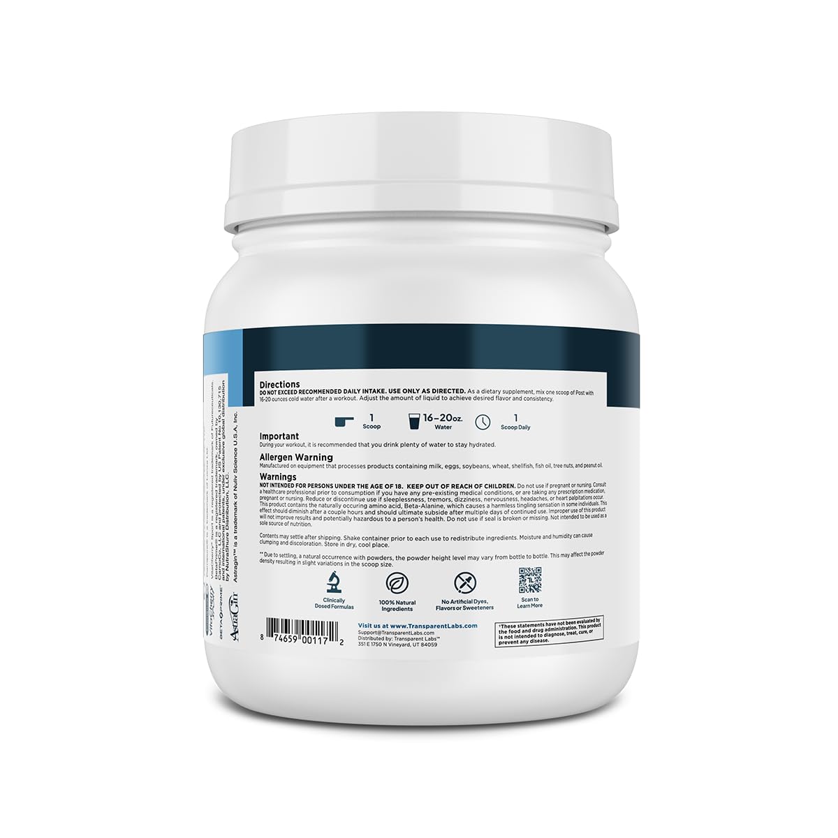 Transparent Labs Post third-party testing seal communicates quality and safety.