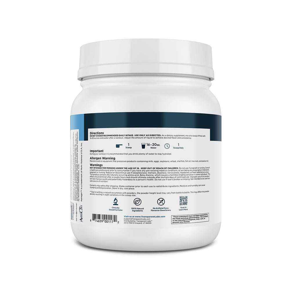 Transparent Labs Post third-party testing seal communicates quality and safety.
