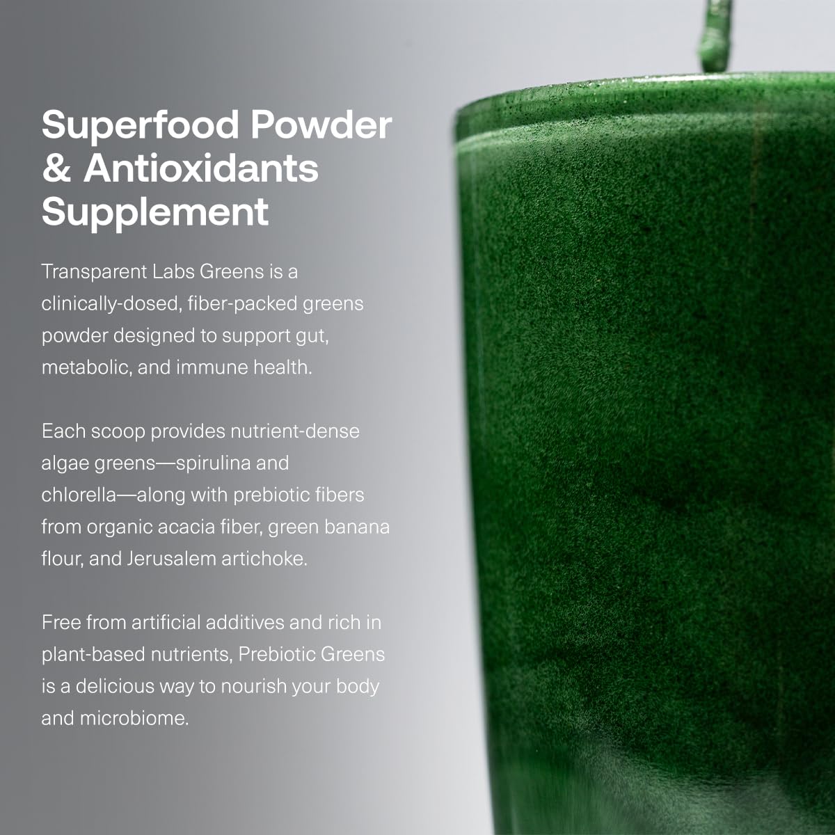 Transparent Labs Prebiotic Greens ingredients panel close-up featuring spirulina and chlorella.
