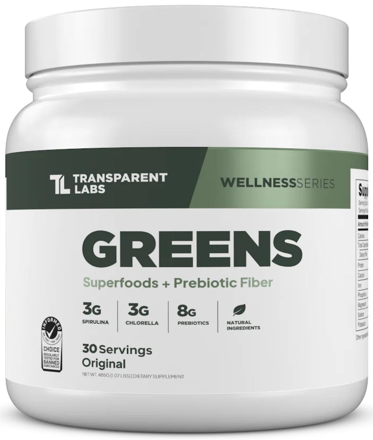 Transparent Labs Prebiotic Greens jar with scoop highlights digestive support through clean, plant-based fibers.