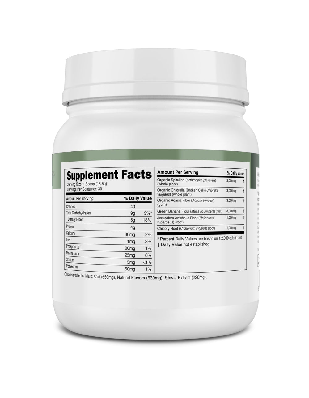 Transparent Labs Prebiotic Greens bottle with healthy ingredients and vibrant packaging.