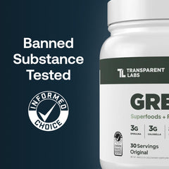 Transparent Labs Prebiotic Greens bottle pouring powder into a glass for easy mixing.
