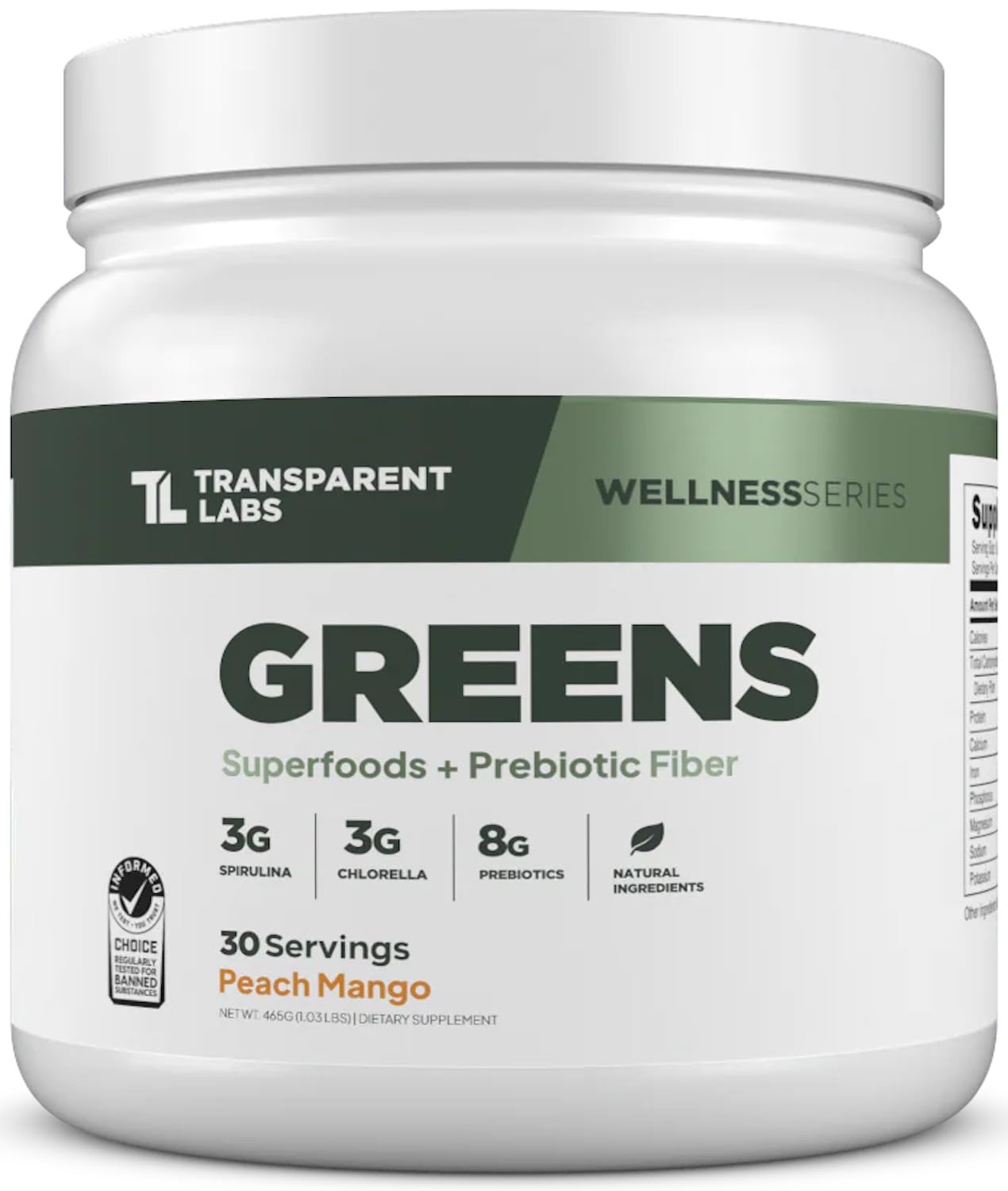 Transparent Labs Prebiotic Greens peach mango bottle for convenient daily nutrition.