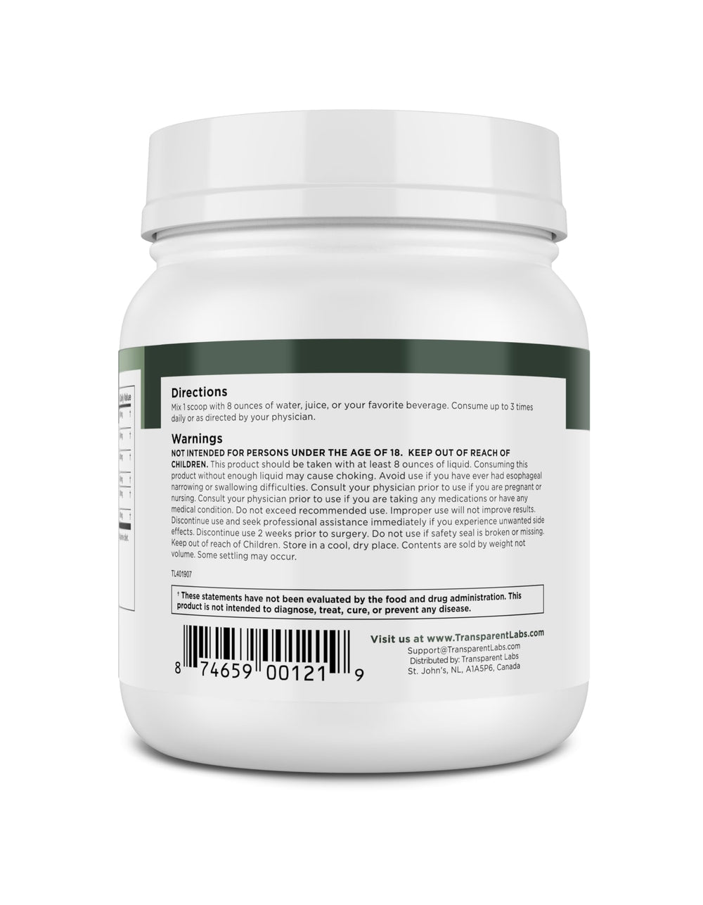 Transparent Labs Prebiotic Greens product close-up on spirulina and chlorella blend.