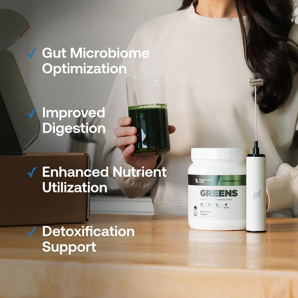 Transparent Labs Prebiotic Greens powder dissolving in a glass of water for quick mixing.