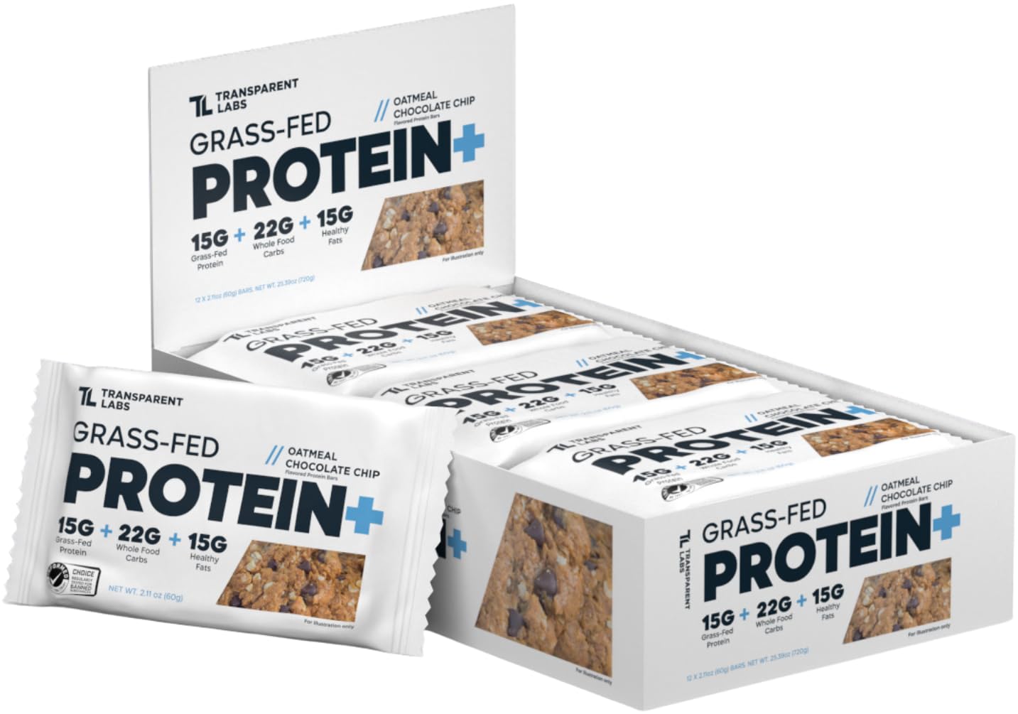 Transparent Labs Protein+ Bars packaging featuring oatmeal chocolate chip and on-the-go energy