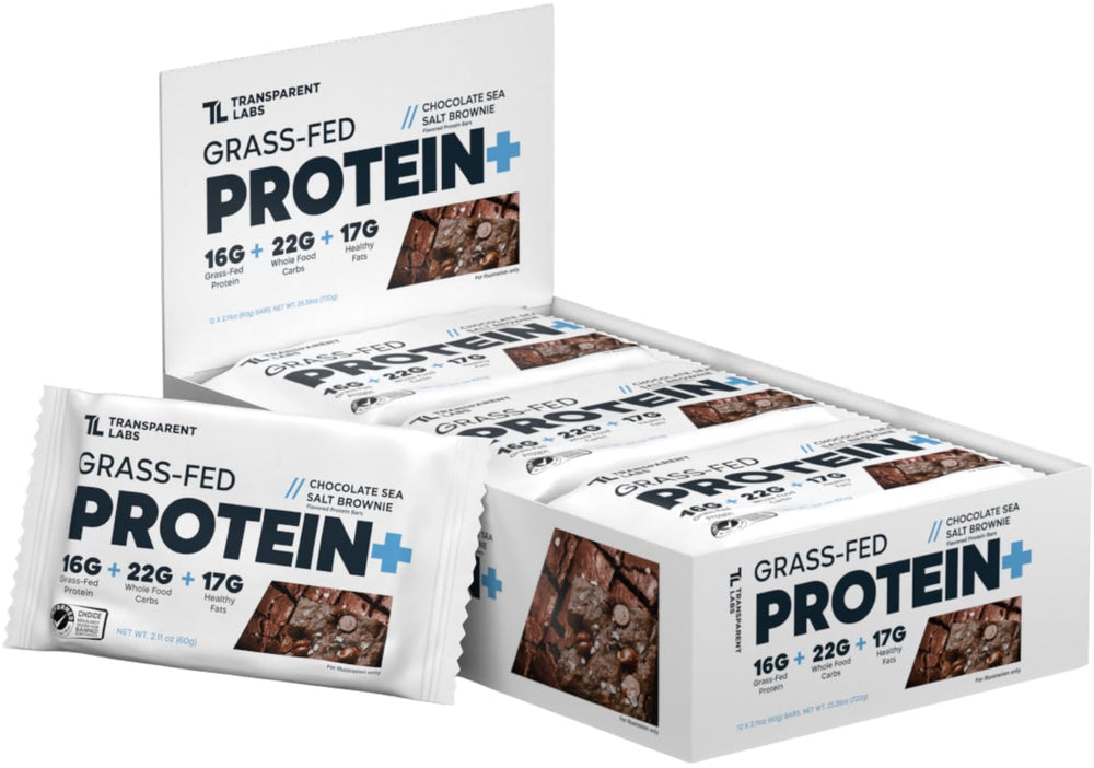 Transparent Labs Protein+ Bars Sea Salt Brownie packaging shows clean ingredient list for on-the-go fueling.