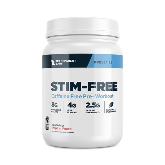 Transparent Labs Stim-Free bottle in tropical punch highlighting caffeine-free training support