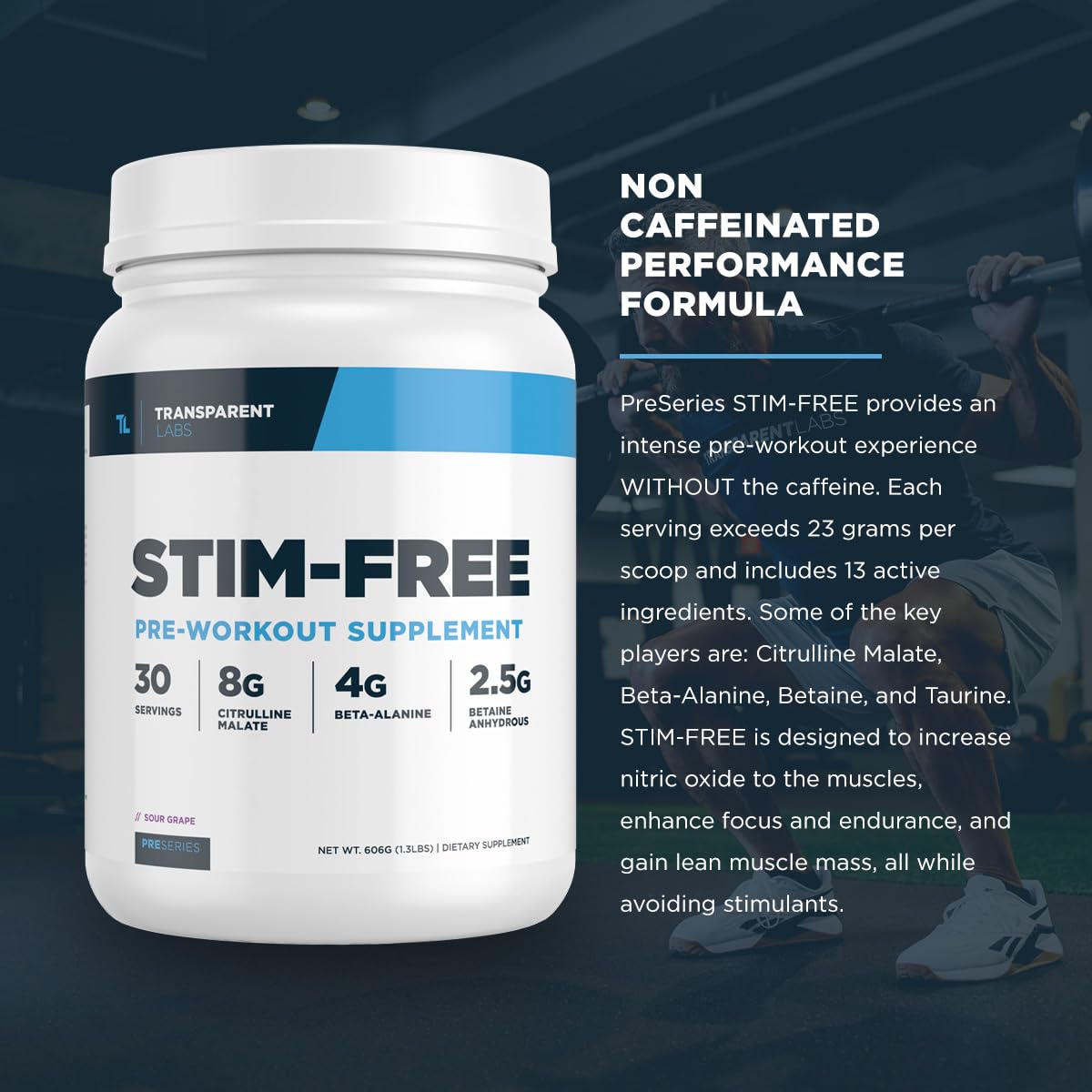 Transparent Labs Stim-Free Pre-Workout blue raspberry glass with powder illustrates focus-friendly formula.