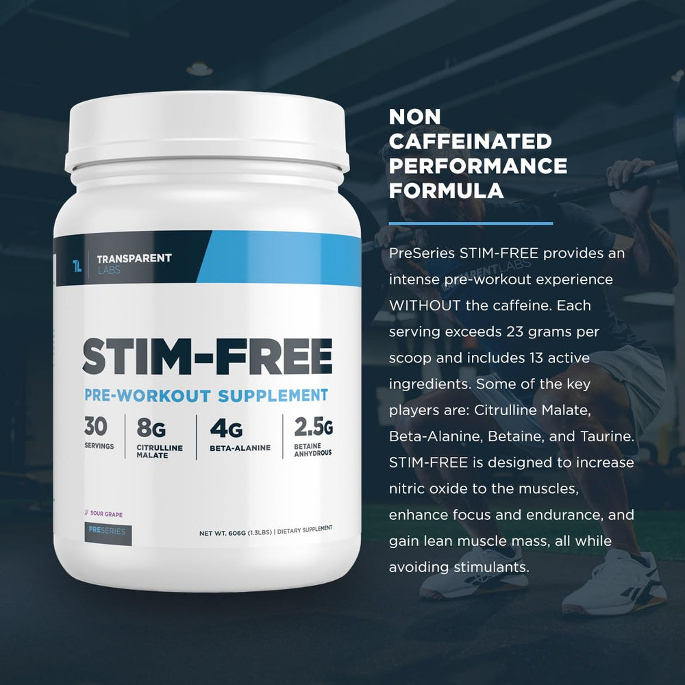 Transparent Labs Stim-Free Pre-Workout blue raspberry glass with powder illustrates focus-friendly formula.