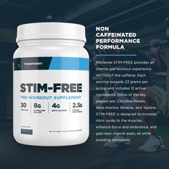 Transparent Labs Stim-Free Pre-Workout blue raspberry glass with powder illustrates focus-friendly formula.
