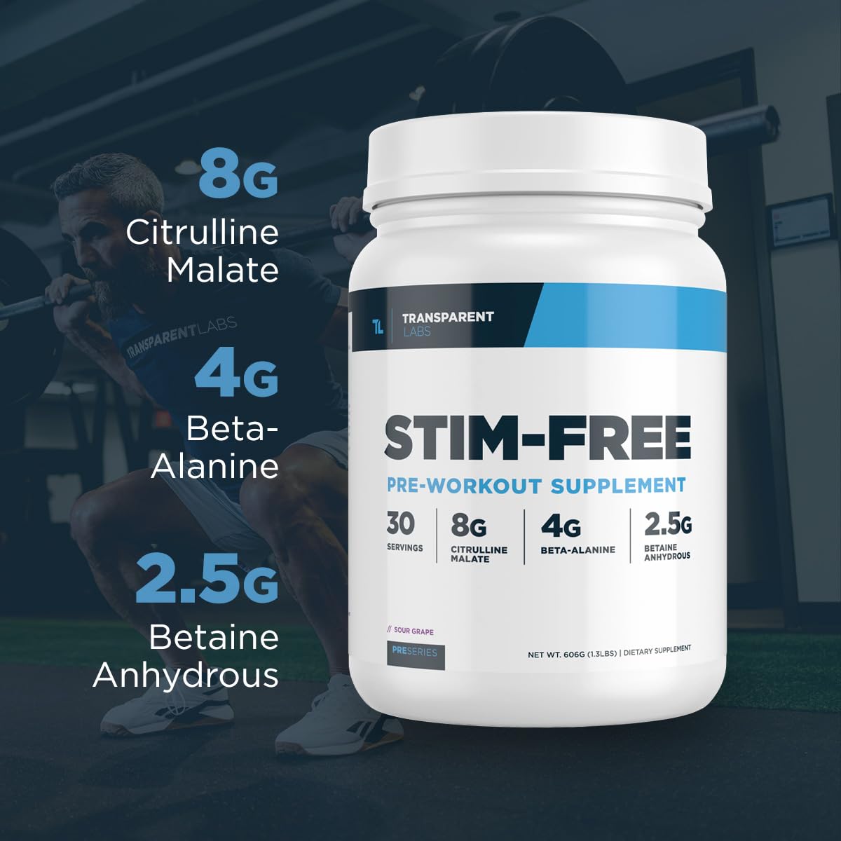 Transparent Labs Stim-Free Pre-Workout package box highlights 30-serving size.