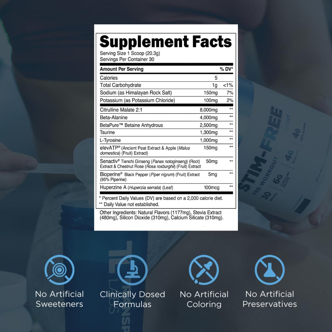 Transparent Labs Stim-Free Pre-Workout powder dispensing image shows mixability without stimulants.