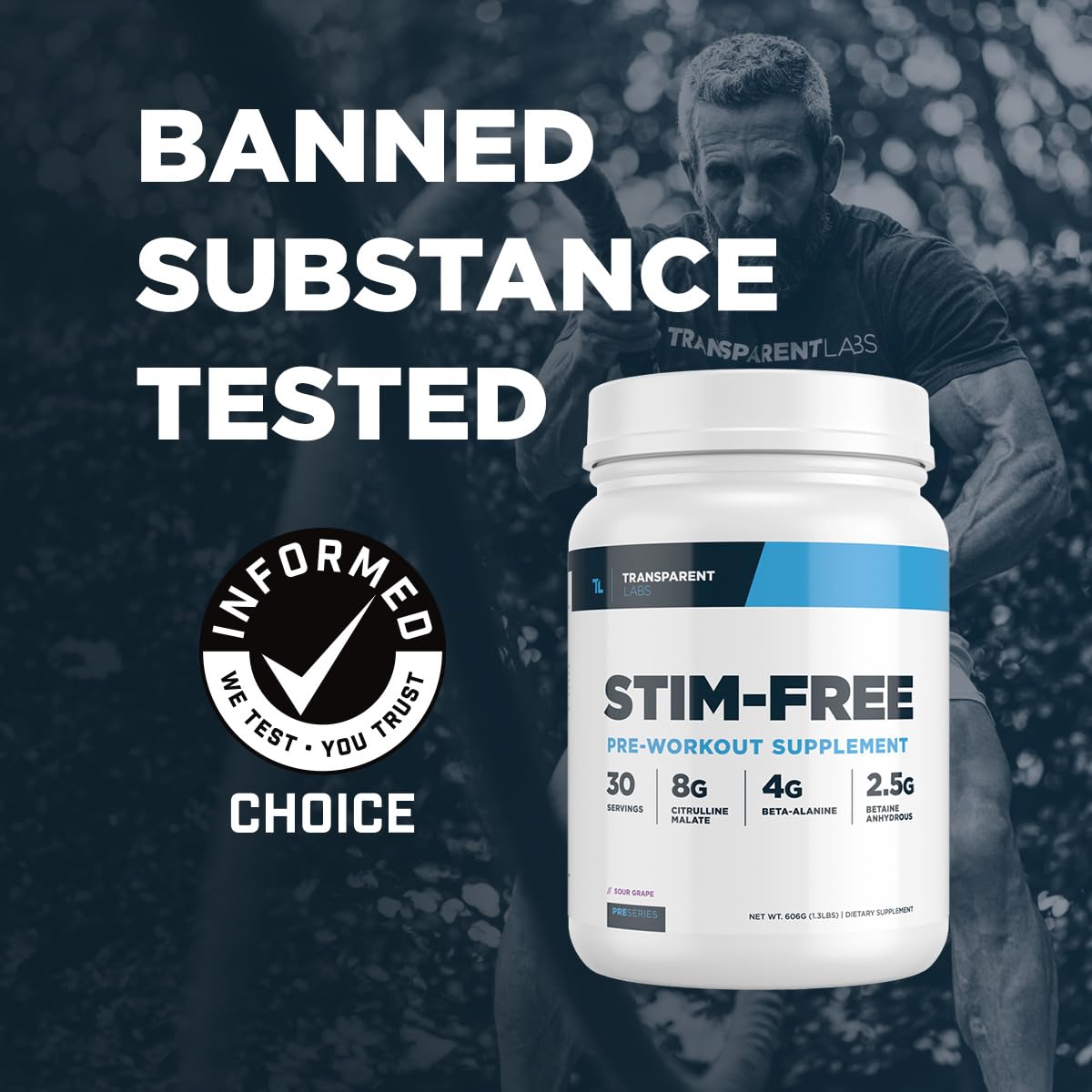 Transparent Labs Stim-Free Pre-Workout scoop closeup emphasizes high-dose citrulline malate for pumps.