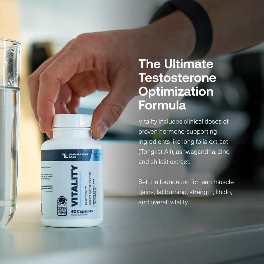 Transparent Labs Vitality capsules close-up showing convenient daily capsules.