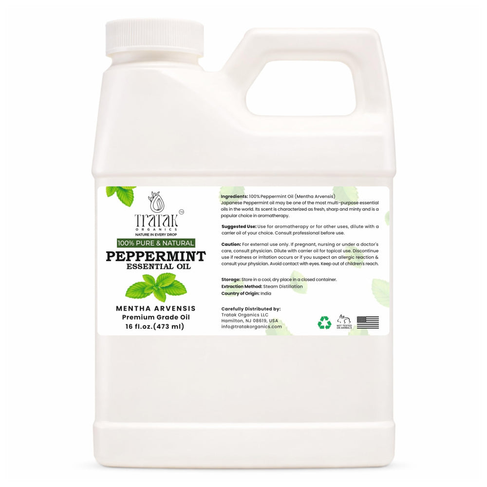 TRATAK ORGANICS Peppermint Oil bottle with dropper for precise dilution and use.