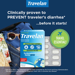 Travelan blister-pack pills for quick travel digestive support.