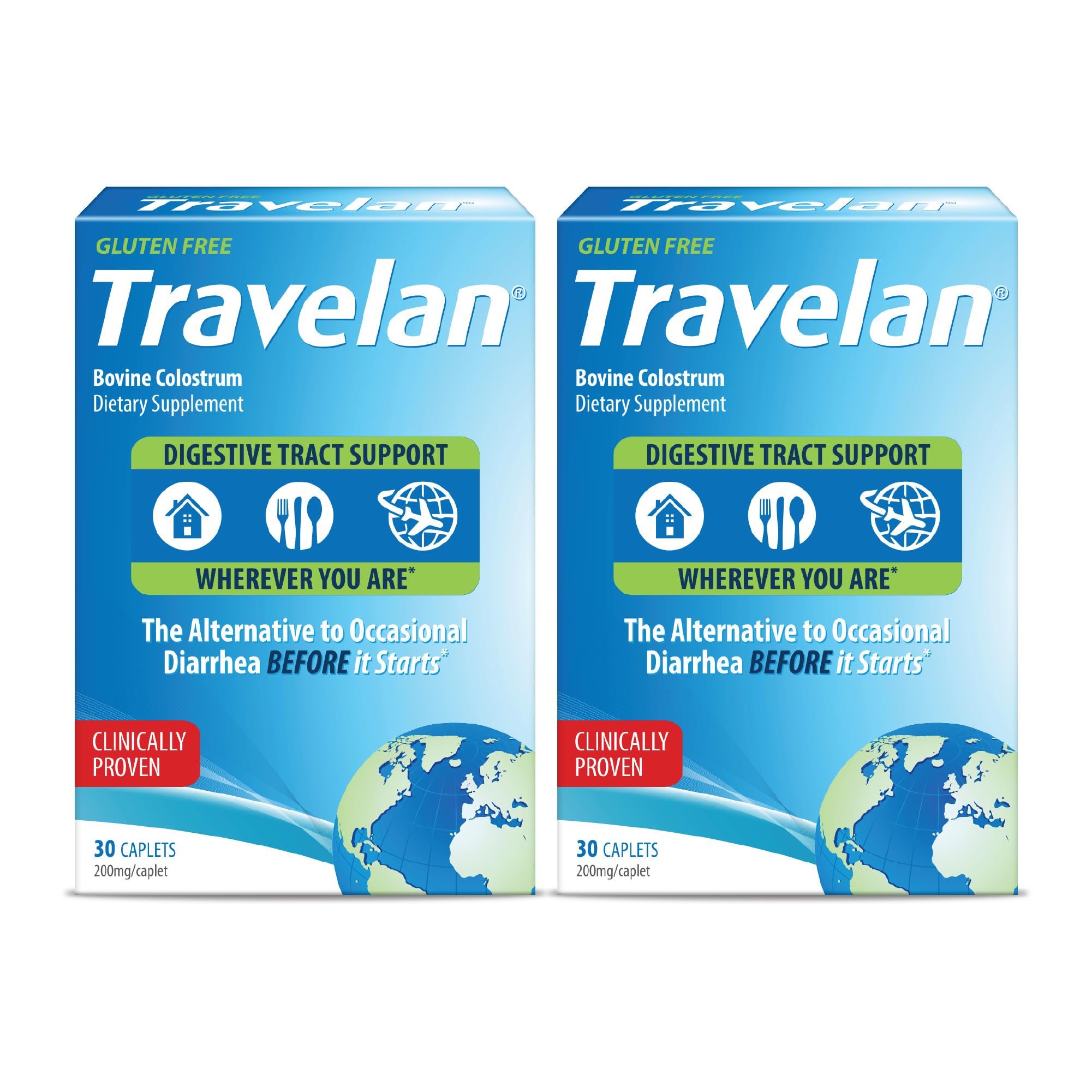 Travelan bottle with 60-count pills for travel digestive support.