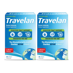 Travelan bottle with 60-count pills for travel digestive support.