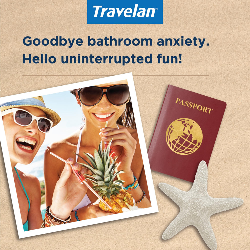 Close-up of Travelan capsules for digestive health on trips.