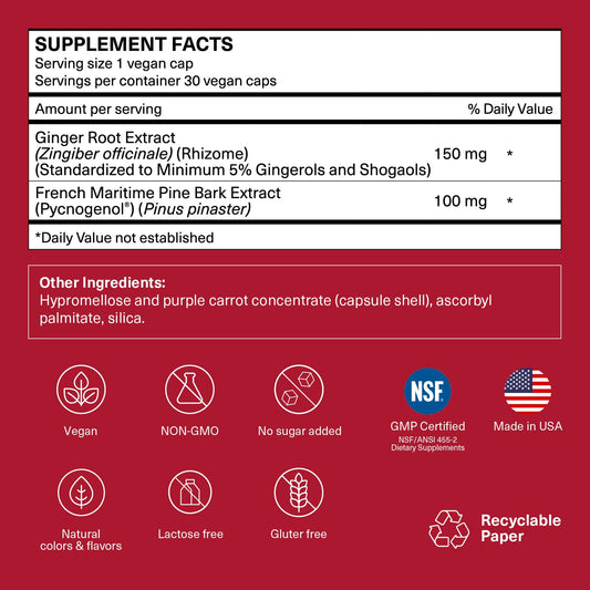 TRAVELSANA Pycnogenol Ginger capsules-closeup highlights vegan travel-friendly circulation support.